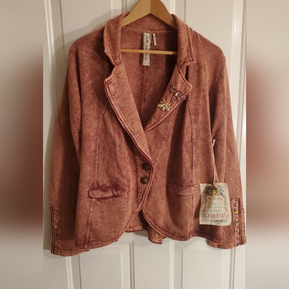 NWT Floral Embroidered Pink French Terry Jacket - Picture 8 of 13